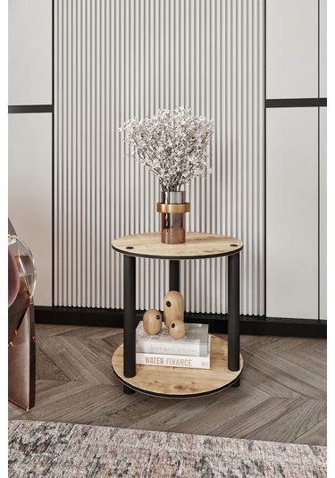 Dekoratif Masivo Kitaplık 2 Katlı 34 Çap Yuvarlak Çok Amaçlı Raf Safir Meşe Meşe