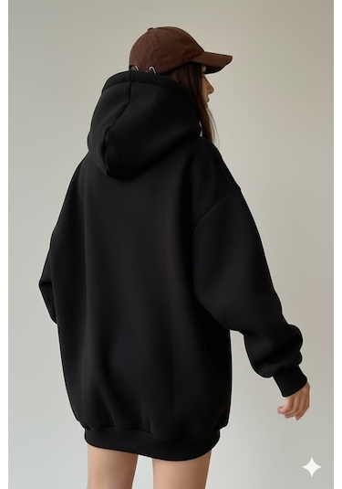 Afri Kadın Oversize Siyah Sweatshirt 3 İplik Şardonlu Kapüşonlu Cepli Rahat Kalıp Siyah