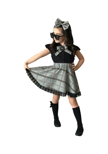 Kız Çocuk Broşlu Fiyonk Detaylı Ekose Etekli Takım Çok Renkli