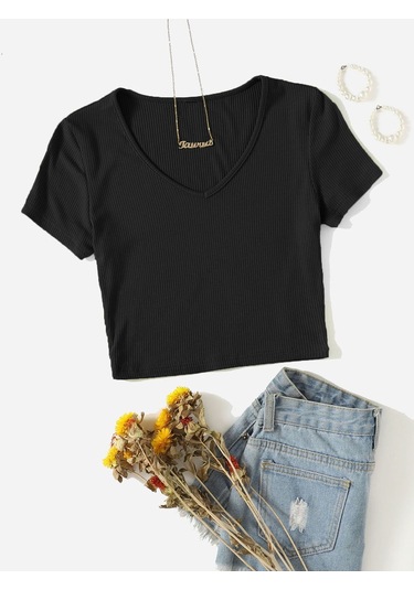 V Yaka Siyah Renk Fitilli Kısa Kollu Regular Crop Top Bluz Siyah
