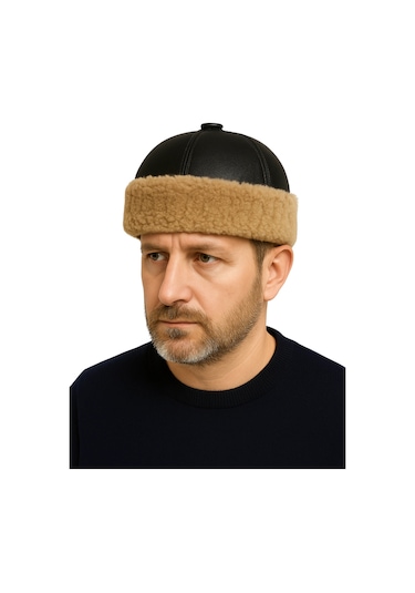 Okcubaba El Yapımı Hakiki Deri Kürklü Siyah Börk - Soğuk Geçirmez Geleneksel Başlık