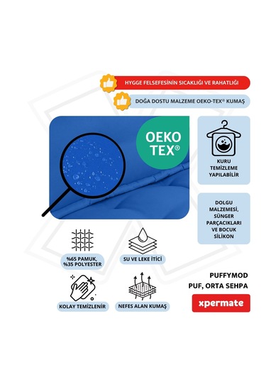 Xpermate Puffymod Dekoratif Kare Puf Orta Sehpa 40x40 Cm Mavi