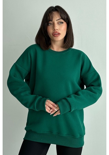 Kadın Bisiklet Yaka Oversize Sweatshirt Nefti Yeşili