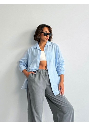 Kadın Oversize Uzun Basic Gömlek Mavi