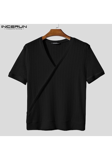 Incerun Erkek Yazlık V Yaka Kısa Kollu Patchwork T-shirt - Moda Streetwear Black