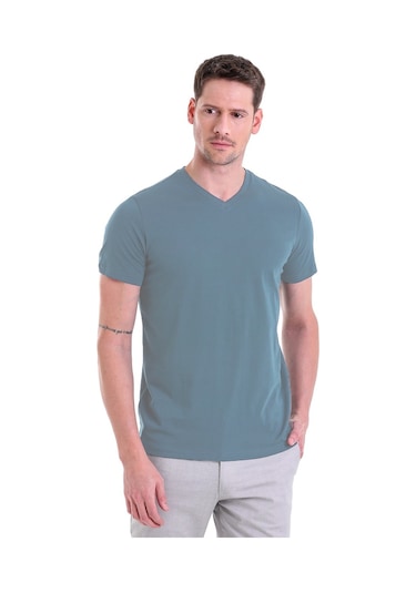 Hatemoğlu Indigo Düz Slim Fit 100% Pamuk V Yaka Tişört İndigo