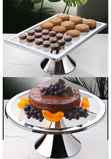 Yuvarlak ve Dikdörtgen Kek Pasta Kurabiye Standı 2'li Gümüş