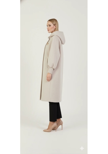 Kadın Gri Kapüşonlu Balon Kol Fermuarlı Kaban Oversize Midi Boy Kışlık Kaşe Mont Taş