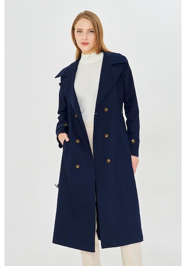 %100 Pamuk Ekstra Uzun 120cm Kruvaze Kadın Trençkot 1121 Lacivert
