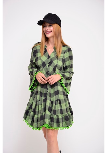Park Moda Ekose Midi Elbise Yeşil