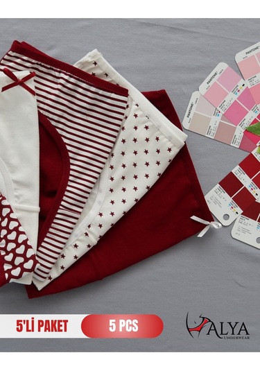 Alya Underwear Kız Çocuk Kalpli Dokuma Lastik Pamuklu Kumaş Slip Külot 5'li Paket 5 Adet Beyaz Bordo P27