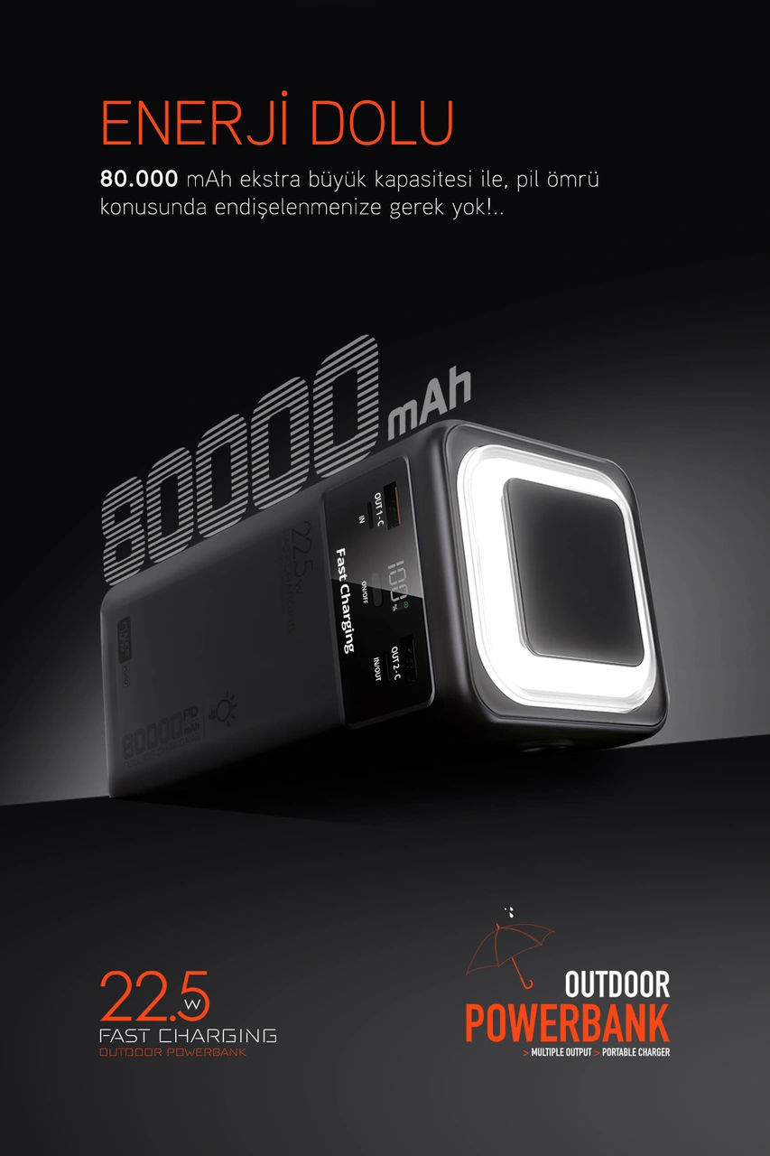 Powerway Pd80 Kamp Powerbank Gerçek 80.000 Mah Pd 22.5w Hızlı Şarj Led Fenerli Ve Dahili Kablolu Siyah