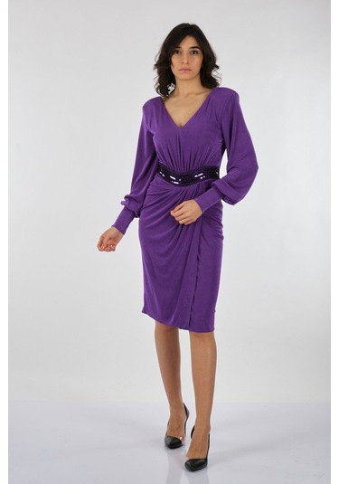 Explosion V Yaka Uzun Kol Midi Elbise - Şık Ve Modern Tasarım Mor