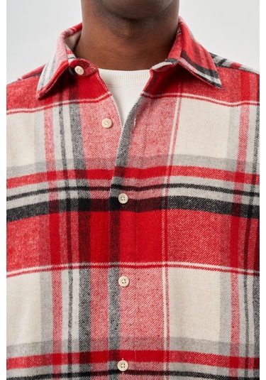 Koyu Kırmızı Yünlü Ekose Desen Yumuşak Yaka Cepsiz Uzun Kol Casual Comfort Fit Gömlek 1004245227 Koyu Kırmızı