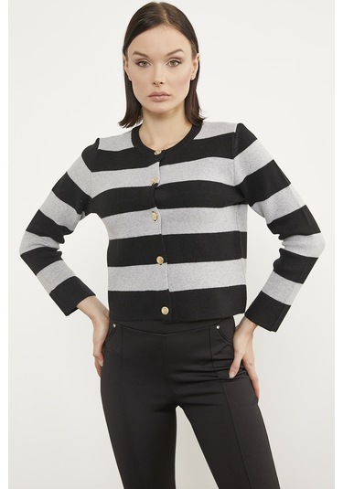 Çizgili Kısa Triko Hırka - Siyah 001