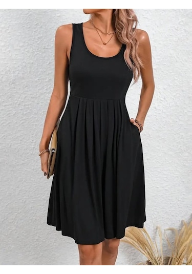 Kadın Askılı Yuvarlak Yaka Önden Pileli Viskon Elbise Siyah