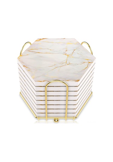 Geeroyoo 8 Parça Mermer Desenli Seramik Bardak Altlığı Seti Süper Emici, Sıcak Ve Soğuk İçecekler İçin Mantar Tabanlı Şık Tel Stand Dahil Beyaz/altın