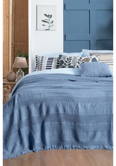 Sarev Eskel Mavi Çift Kişilik %100 Pamuk Yatak Örtüsü Mavi