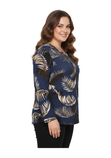 Linsolita Kadın V Yaka Baskılı 2 Düğmeli Bluz Bgl-st05097 İndigo