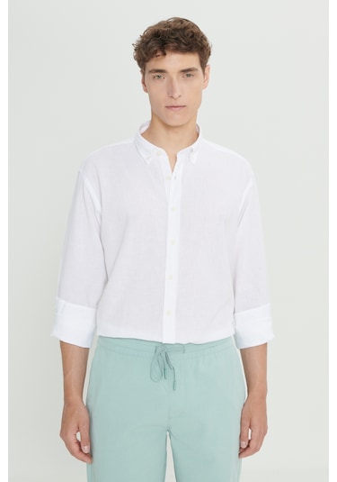 Erkek Beyaz Comfort Fit Rahat Kesim Düğmeli Yaka Keten Gömlek Beyaz