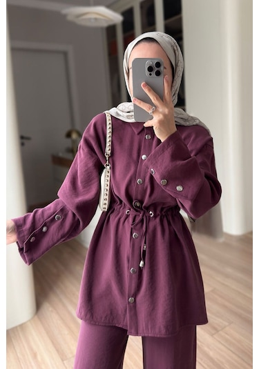 Ka Hijab Çıtçıt Detay Beli Büzgülü Takım - Mürdüm