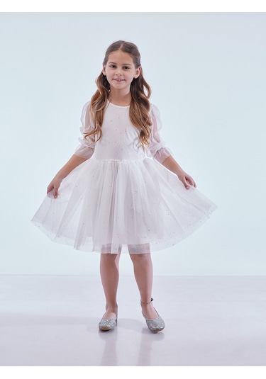 Ahengim Kız Çocuk Yıldız Baskılı Trend Tül Elbise Ak2246 Beyaz