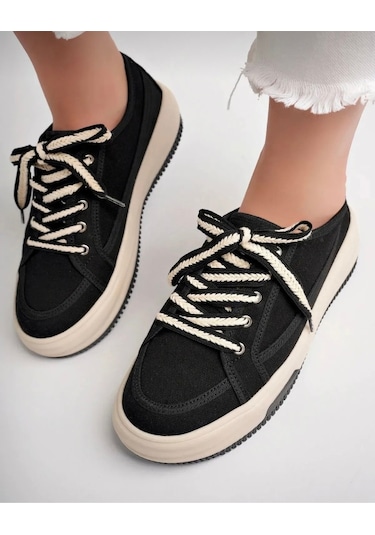 Yüksek Tabanlı Bez Sneaker Keten Siyah