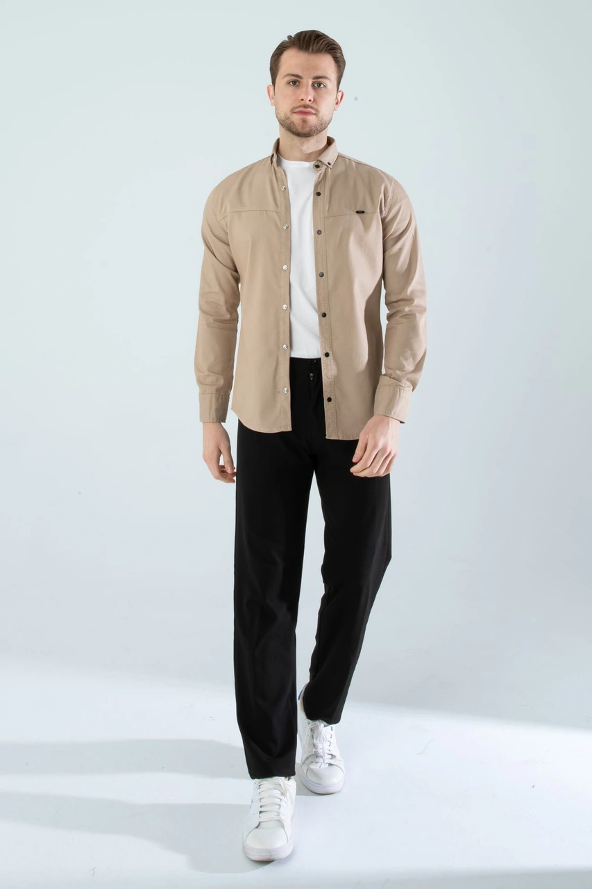 Slim Fit Erkek Cepsiz Kot Gömlek Bej