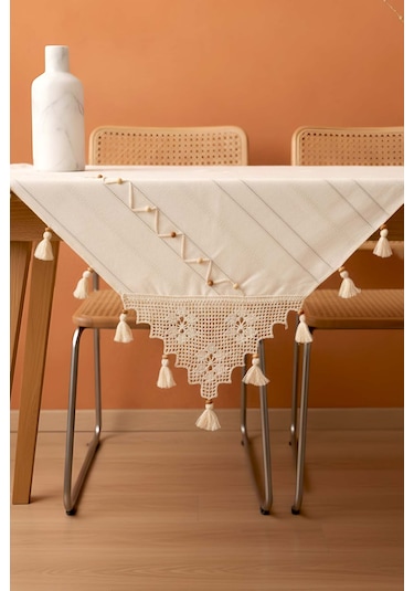 Boncuk Detaylı Güpürlü Kare Runner 90x90 Cm Krem