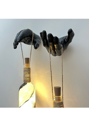 Siyah Heykel El Dekorlu Pilli Led Işıklı Vitray Cam Şarap Şişesi Çok Renkli