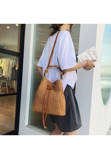 Yihemaoyi Hasır Çanta Omuz Messenger Çanta Bambu Kova Çanta Beyaz İu Beyaz