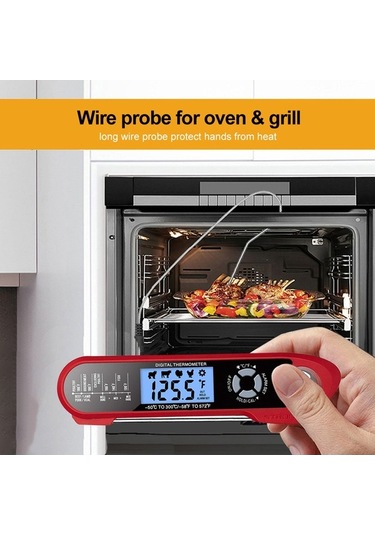 Ulzyvf Hızlı Oku Çift Problu Su Geçirmez Yemek Termometresi - Alarmlı Açılır Fonksiyonlu Kırmızı Kırmızı