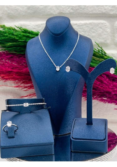 925 Ayar Gümüş Zirkon Taşlı Oval Model 4 Lü Popüler Kadın Takı Seti Gümüş