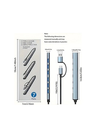 Meridiangoods 7'li 2'si 1 Arada Usb C Hub Uzun Şerit Bağlantılı Usb 3.0 Ve Usb C Dönüştürücü