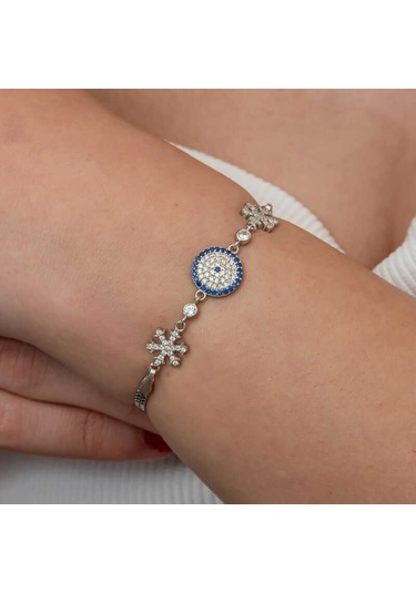 Gümüş Nazarlı Kar Tanesi Kadın Bileklik Gümüş