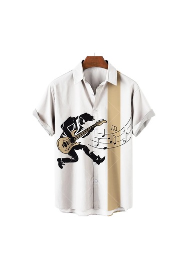 Snapbuyerkek Müzikal Gitar Baskılı Hawaii Gömlek Kısa Kollu Plaj Parti Üst Büyük Bedenlavanta Lavanta