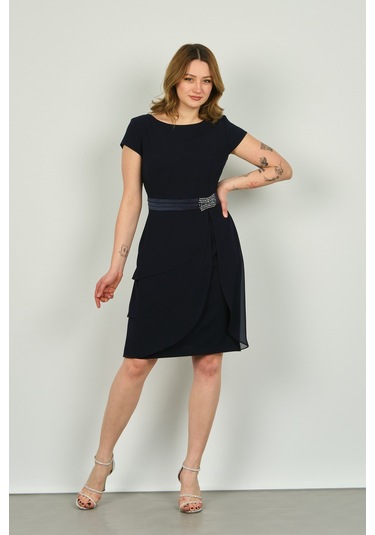 Vals Kadın Yarım Kol Aksesuar Detaylı Araboy Şifon Abiye Elbise 22-176 Lacivert