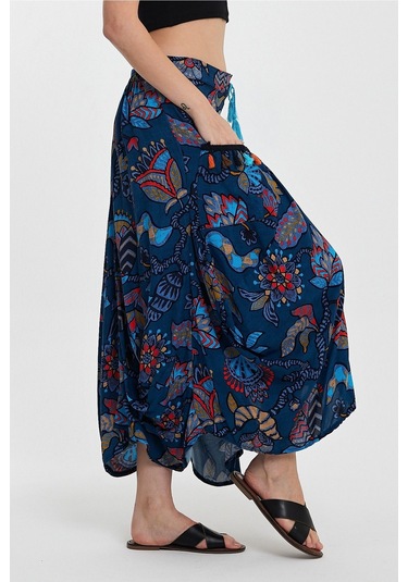 Schık Kadın Viskon Empirme Çiçek Baskı Bohem Stil Cepli Bel Lastikli Etek Lacivert