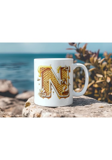 N Harfi Bal Arısı Tasarım Kupa Bardak - Bal Ve Petek Desenli Kişiye Özel Kahve Kupası - Hediyelik Beyaz