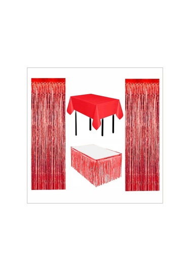 Kırmızı Masa Örtüsü, Kırmızı Masa Eteği, 2 Adet Kırmızı Arka Fon