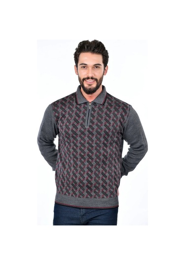 Kamalı Erkek Çelik Örgü Gömlek Yaka Fermuarlı Polo Yakalı Çizgili Desen Tüylenmeyen Triko Kışlık Baba Kazak Gri