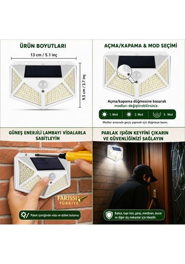 Solar Hareket Sensörlü Dış Mekan Bahçe Lambası 9 Adet
