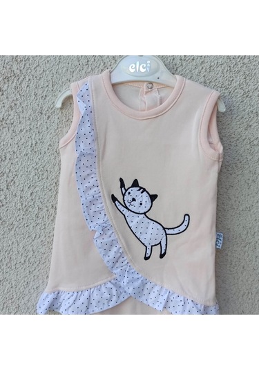 3-9 Ay Kız Bebek Badi Kedili Fırfırlı Bandanalı Somon Çok Renkli