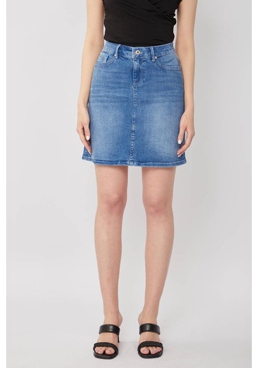 Kadın Açık Mavi Jean Midi Etek 16S100-1