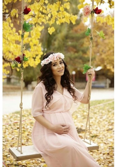 Modalabio Moda Labio- Babyshower Melek Kol Hamile Elbisesi Pudra