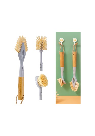 Mutfak Temizlik Temelleri 3'ü 1 Arada Bulaşık Fırçası Seti 2 Başlıklı Bambu Saplı B Diğer