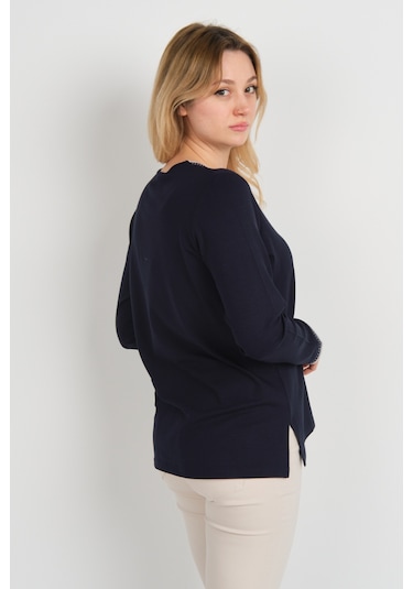 Detay Triko Kadın V Yaka Taş İşlemeli Uzun Kol Anne Bluz 5751 Lacivert Lacivert