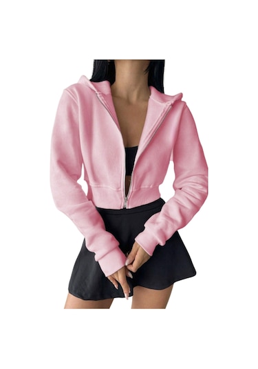 Pembe Kadın Crop Fermuarlı Kapüşonlu Sweatshirt Pembe
