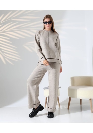 Kontrast Dikişli Kadın Triko Takım Vizon