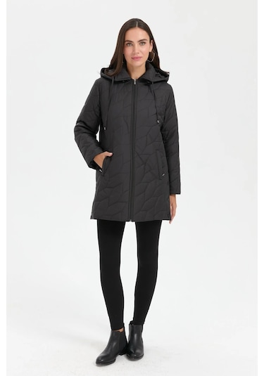 Desen Triko Kadın Yanları Çıtçıtlı Yaprak Desenli Kapüşonlu Araboy Kapitone Kaban 24419 Siyah Siyah